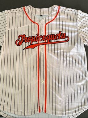 Women’s/ Men's White Pinstripe Baseball Shirt with Orange Trim. Karol G